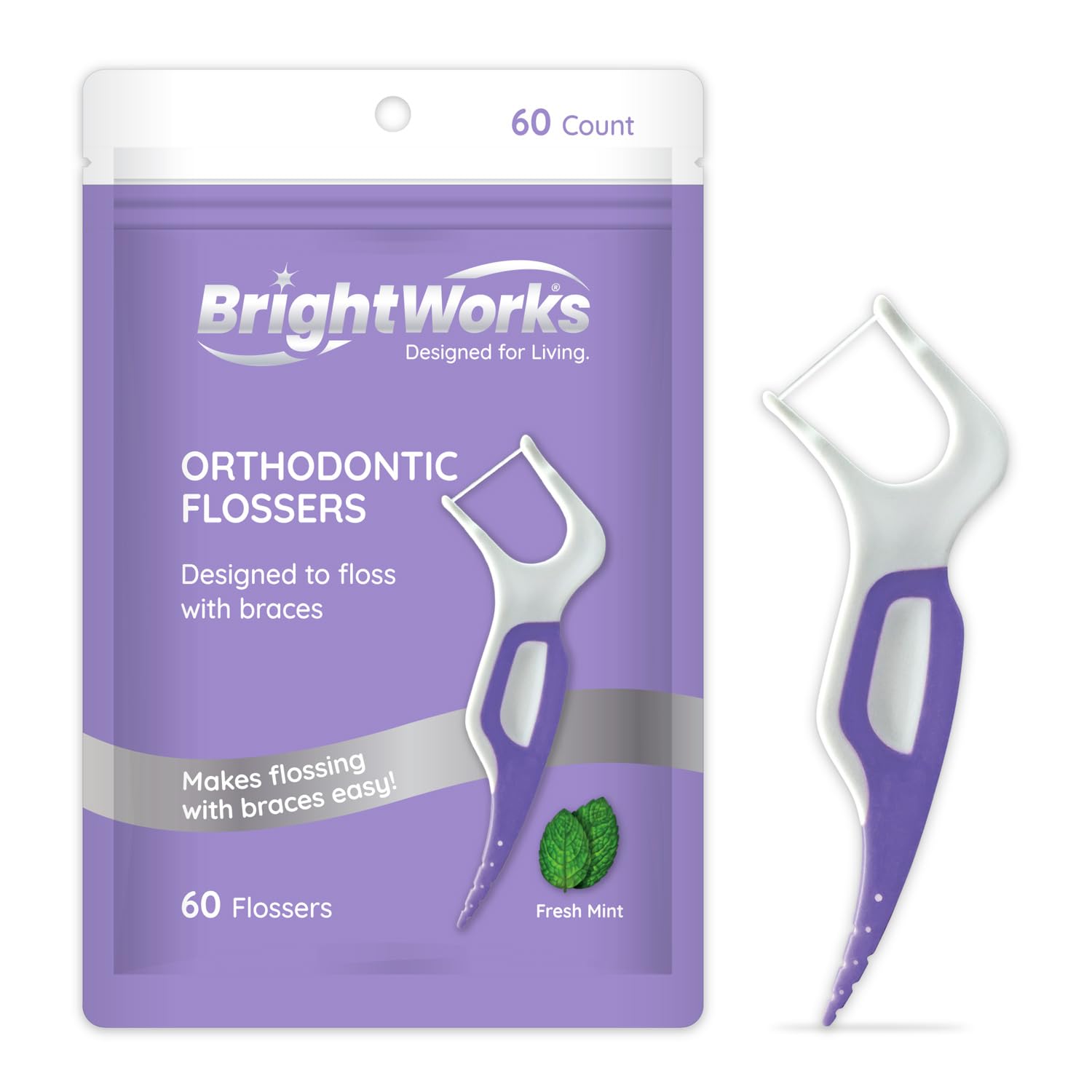Brightworks PFAS-Free Mint Braces Flossers with Soft Toothpick 180ct