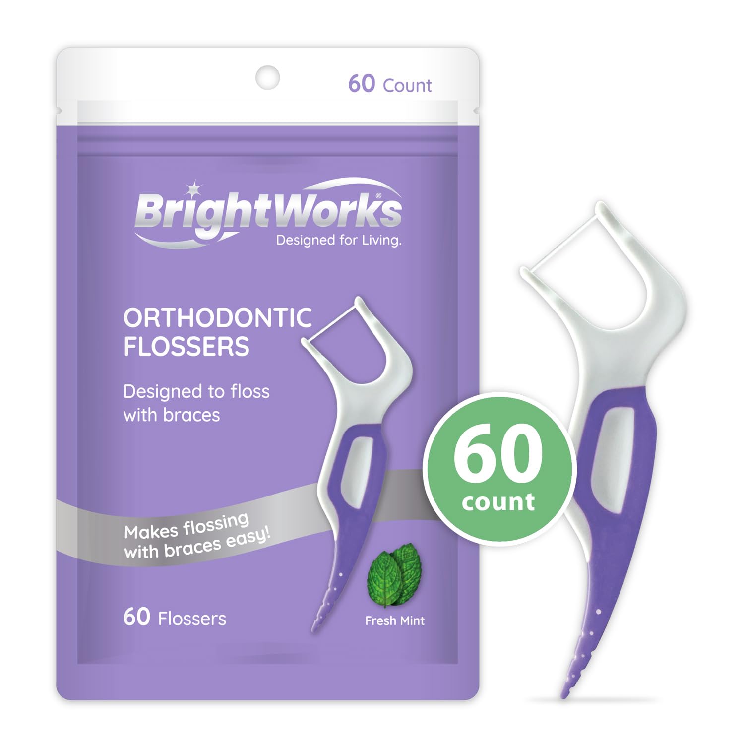 Brightworks PFAS-Free Mint Braces Flossers with Soft Toothpick 180ct