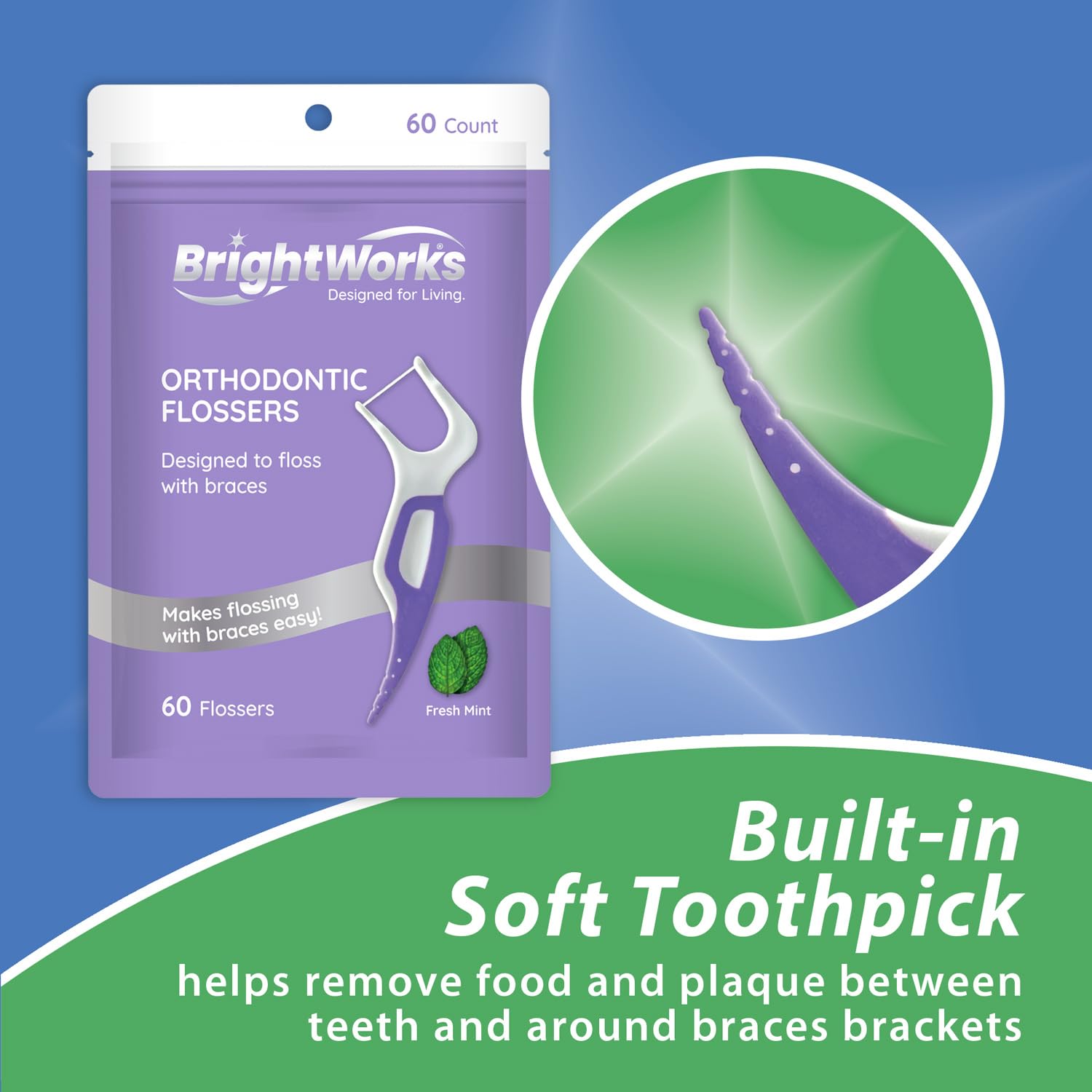 Brightworks PFAS-Free Mint Braces Flossers with Soft Toothpick 180ct