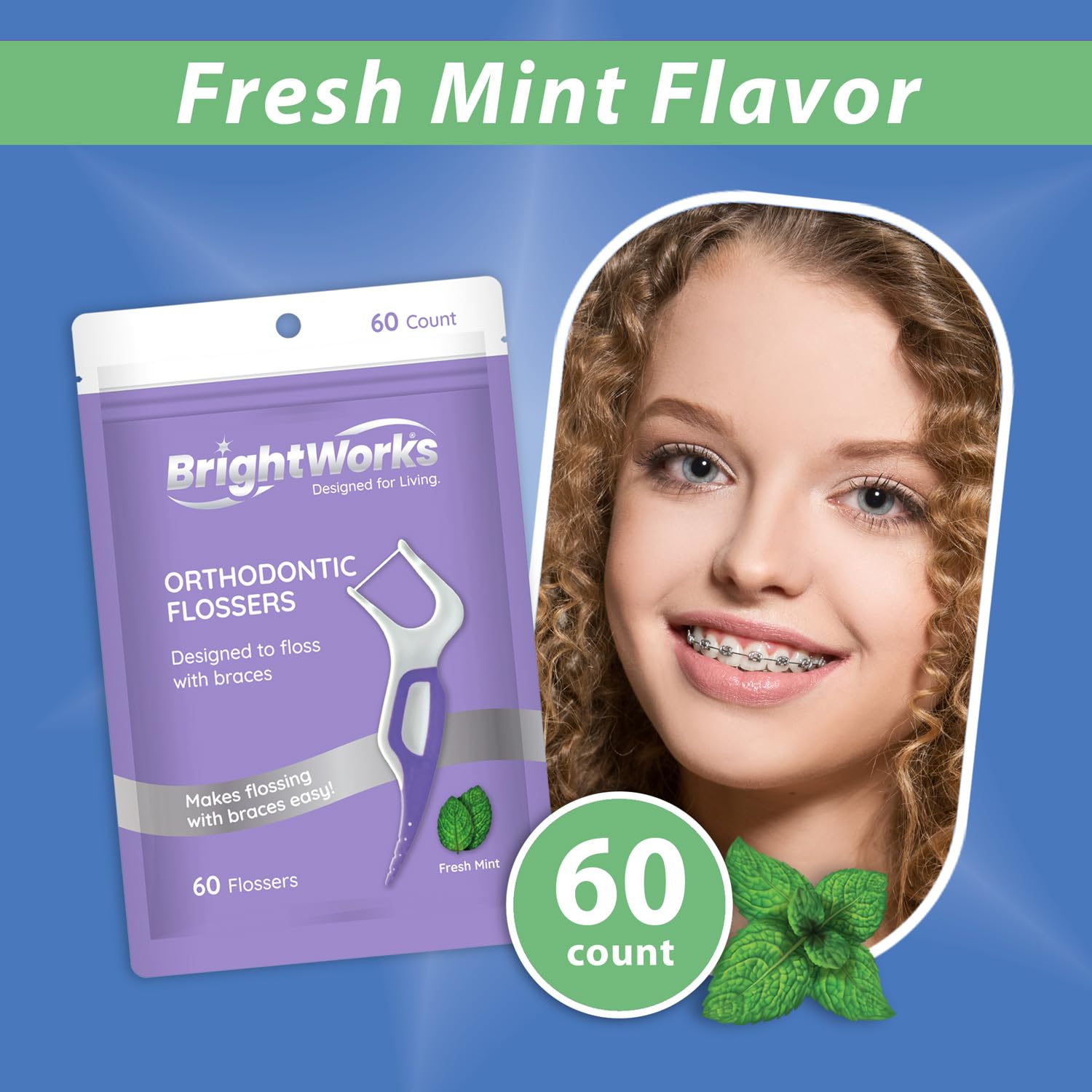 Brightworks PFAS-Free Mint Braces Flossers with Soft Toothpick 180ct