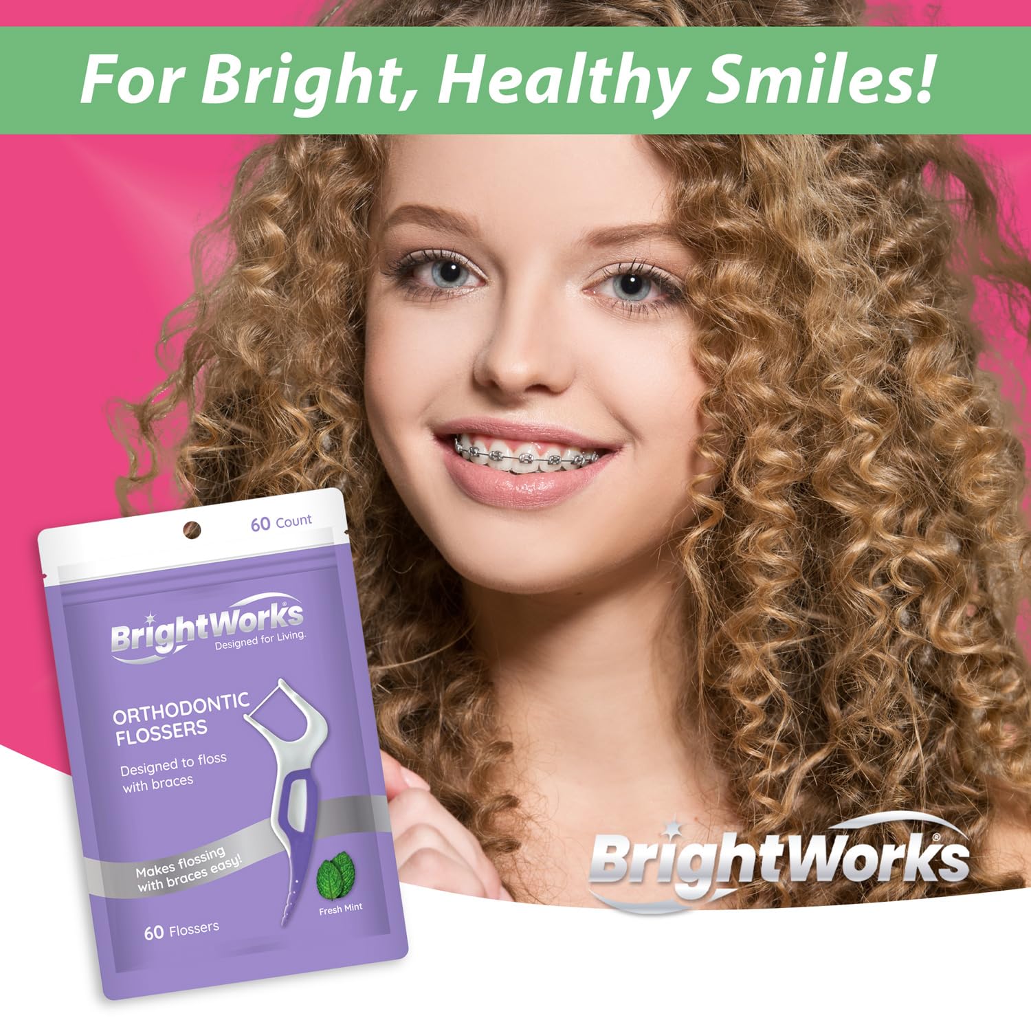 Brightworks PFAS-Free Mint Braces Flossers with Soft Toothpick 180ct