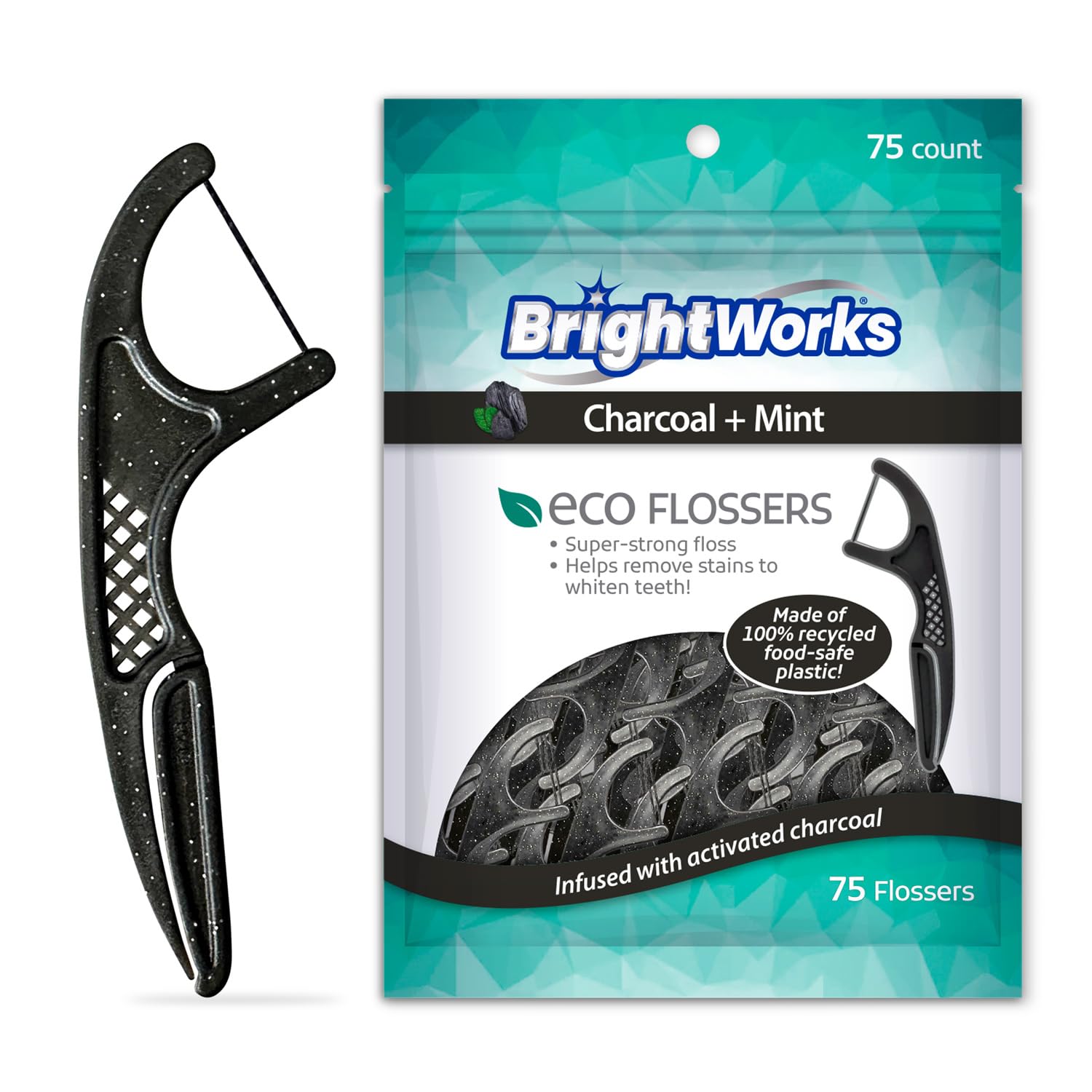 ECO Sustainable Floss Picks - 225 Count - Made in USA Charcoal Mint Infused 100% Recycled Plastic