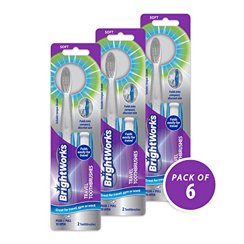 6 piece BrightWorks Folding Travel Toothbrush with Soft Bristles and Tongue Cleaner
