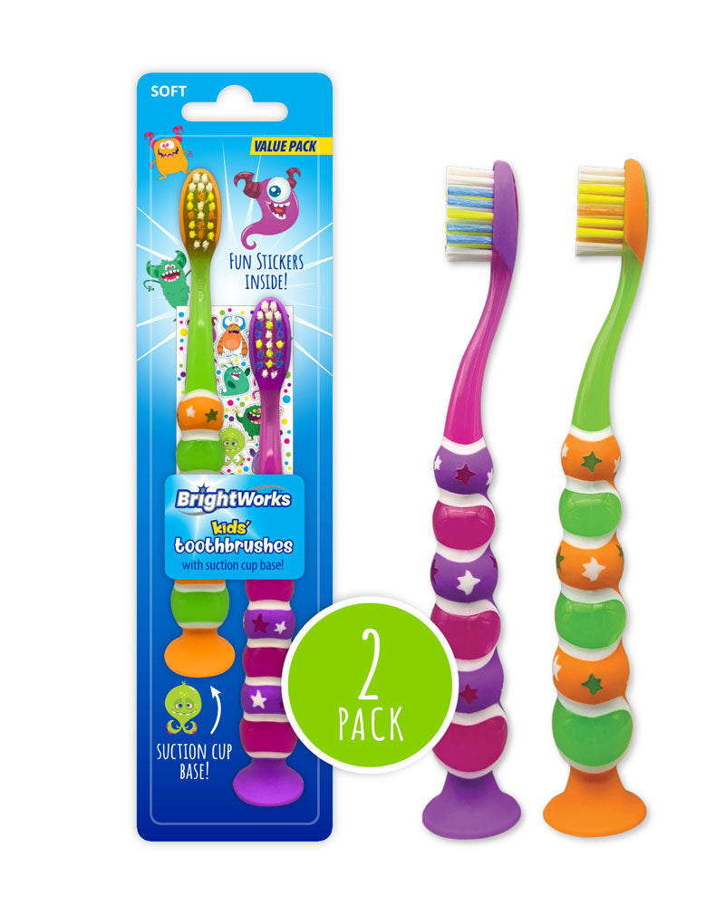BrightWorks Kids Toothbrushes with suction cup base soft bristles 2PCS